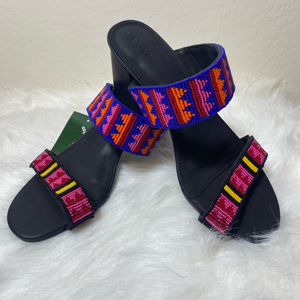 FarmRio black beaded block heel sandal Sz 10 New in Box